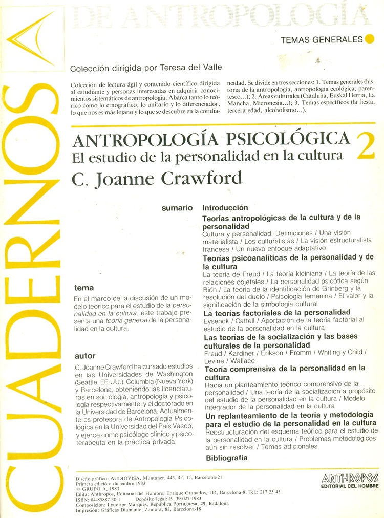 Antropología psicológica : el estudio de la personalidad en la cultura / C. Joanne Crawford